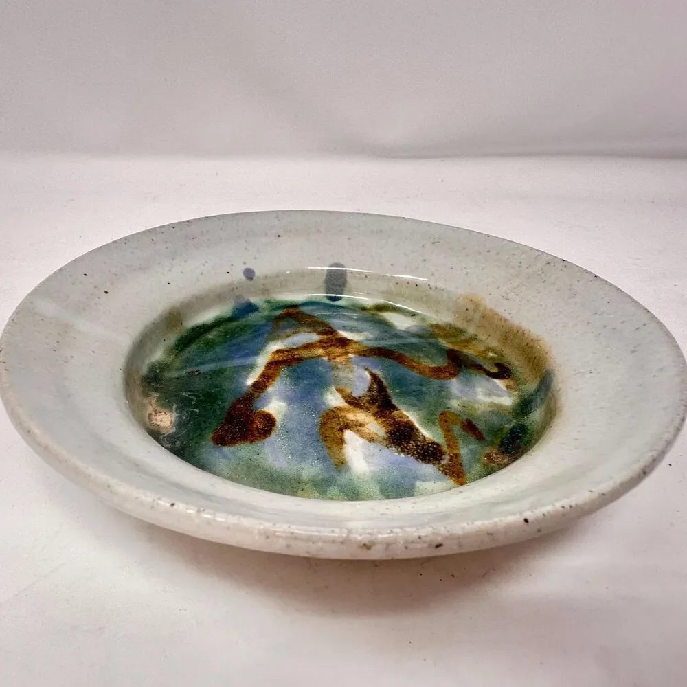 Vintage Studio Pottery Berry Bowl Strainer Planter Abstract Blue Green 7x1.5”